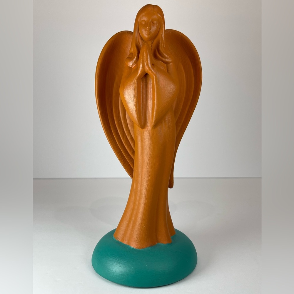 Ceramic angel figurine, painted orange turquoise